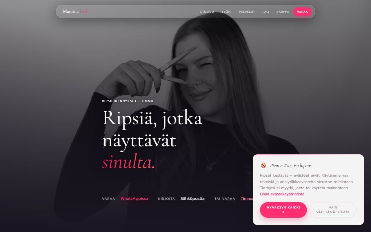 Mamina Lash kauneushoitola verkkosivu Suomessa — ripsienpidennysstudio Helsingissä